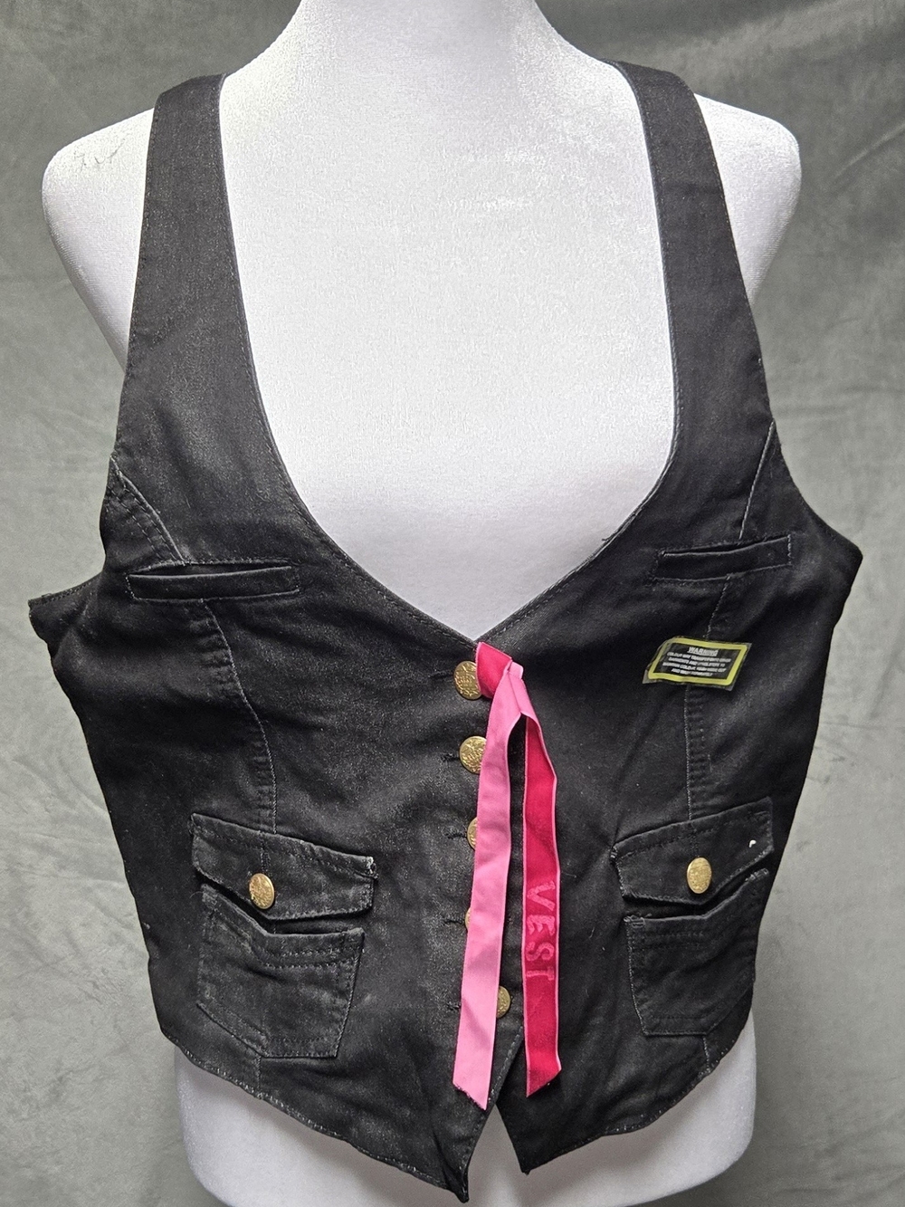 Younique Black Vest with Pink Removeable Ribbon and Gold Button Detail